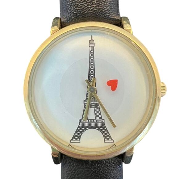Paris Eiffel Tower Black Buckle Strap Rotating Heart Second Hand Gold Tone Heart - Picture 2 of 8